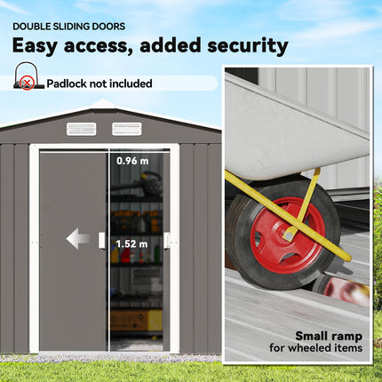 9 x 6 ft Metal Garden Storage Shed with Sloped Roof and Ventilation - Grey