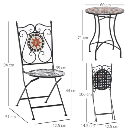 Three-Piece Mosaic Bistro Table Set with Foldable Chairs - Multicoloured