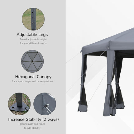 3.2m Pop Up Canopy Tent with Mesh Sidewalls and Adjustable Legs - Grey