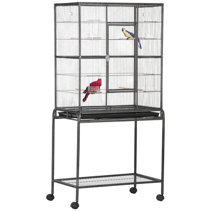 Metal Canary and Parakeet Bird Cage with Detachable Rolling Stand, Wood Perch & Food Container - Black and Grey