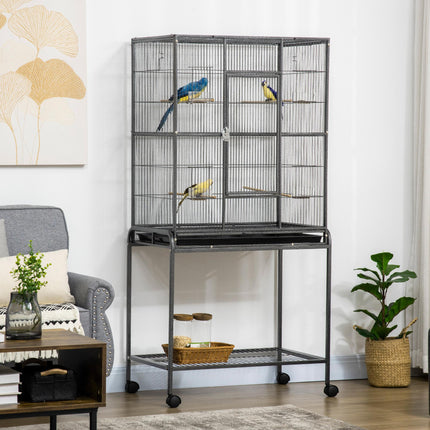 Metal Canary and Parakeet Bird Cage with Detachable Rolling Stand, Wood Perch & Food Container - Black and Grey