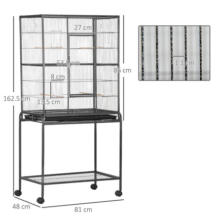 Metal Canary and Parakeet Bird Cage with Detachable Rolling Stand, Wood Perch & Food Container - Black and Grey