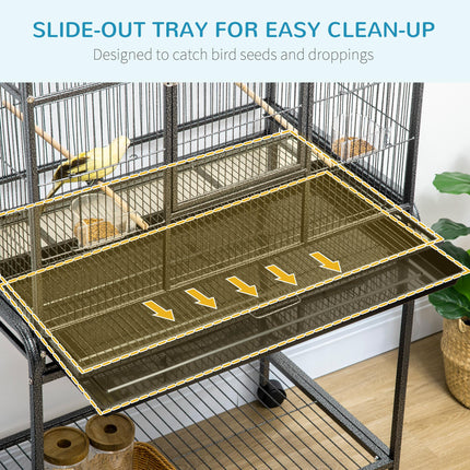 Metal Canary and Parakeet Bird Cage with Detachable Rolling Stand, Wood Perch & Food Container - Black and Grey