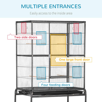 Metal Canary and Parakeet Bird Cage with Detachable Rolling Stand, Wood Perch & Food Container - Black and Grey