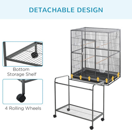 Metal Canary and Parakeet Bird Cage with Detachable Rolling Stand, Wood Perch & Food Container - Black and Grey
