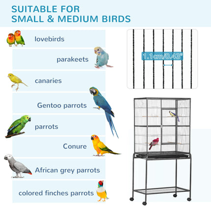 Metal Canary and Parakeet Bird Cage with Detachable Rolling Stand, Wood Perch & Food Container - Black and Grey