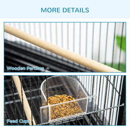 Metal Canary and Parakeet Bird Cage with Detachable Rolling Stand, Wood Perch & Food Container - Black and Grey