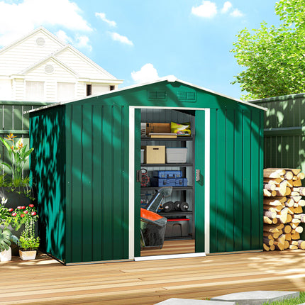 8x6 ft Metal Garden Storage Shed with Ventilation & Sliding Doors - Green