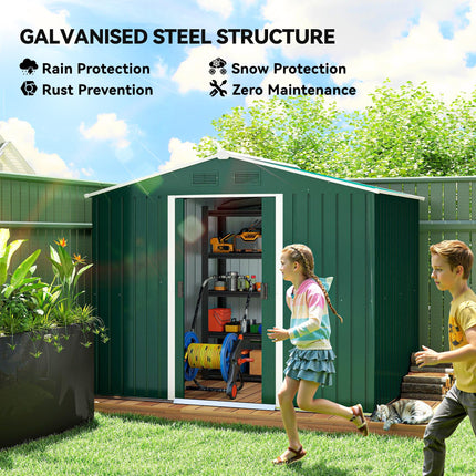 8x6 ft Metal Garden Storage Shed with Ventilation & Sliding Doors - Green