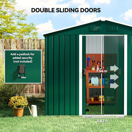 8x6 ft Metal Garden Storage Shed with Ventilation & Sliding Doors - Green