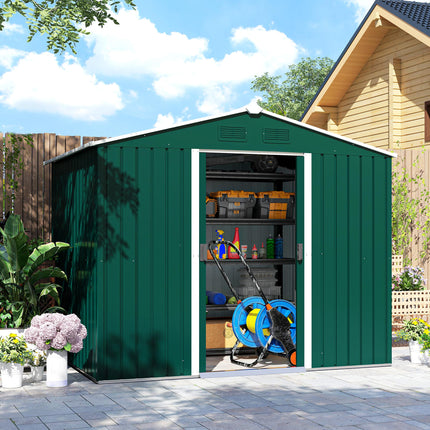 8x6 ft Metal Garden Storage Shed with Ventilation & Sliding Doors - Green