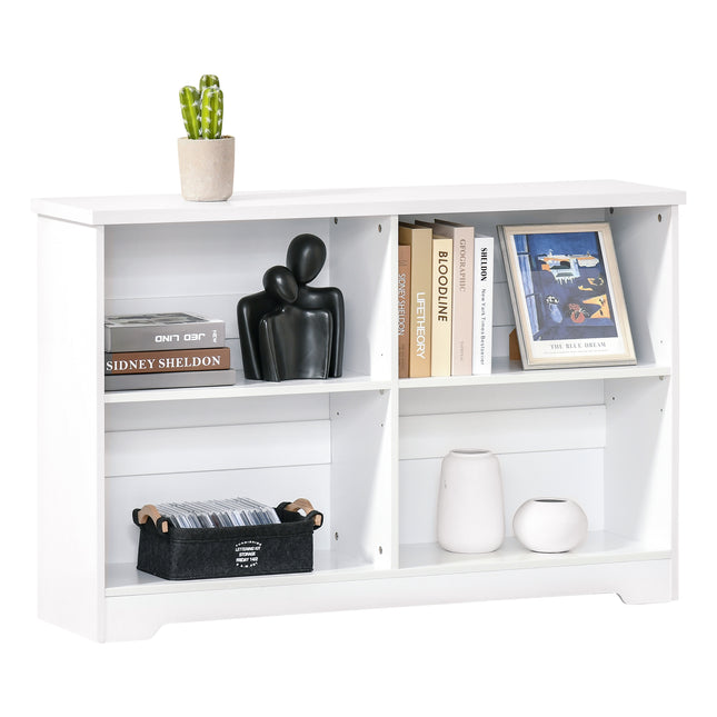 Wooden Cube Bookcase, 2 Tier Open Storage Shelving Unit with 4 Compartments, Fre