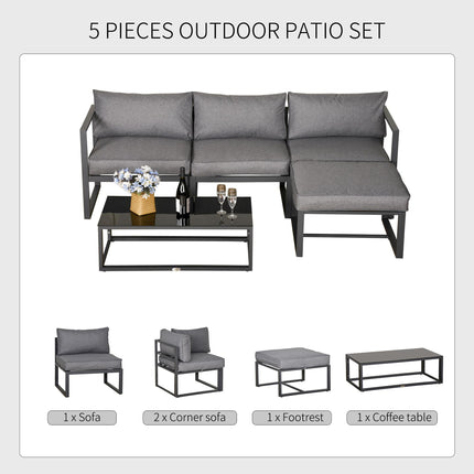 5-Piece Outdoor Patio Furniture Set with Cushioned Sofa and Glass Coffee Table - Grey