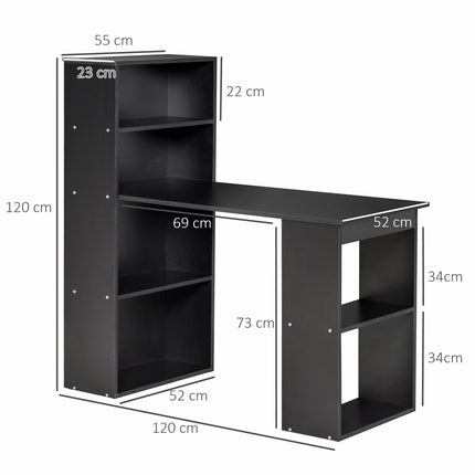 120cm Modern Computer Desk with 6 Shelves Bookshelf Workstation Writing Table - Black