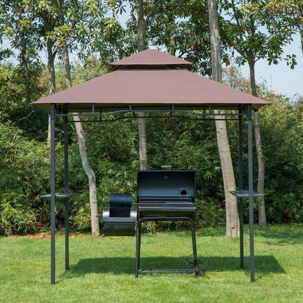 8 ft Double-Tier BBQ Gazebo Grill Canopy with Shelves and Bottle Opener - Coffee