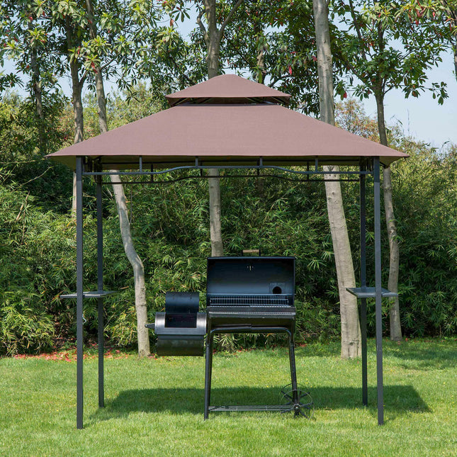 8 ft Double-Tier BBQ Gazebo Grill Canopy with Shelves and Bottle Opener - Coffee