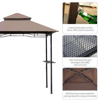 8 ft Double-Tier BBQ Gazebo Grill Canopy with Shelves and Bottle Opener - Coffee