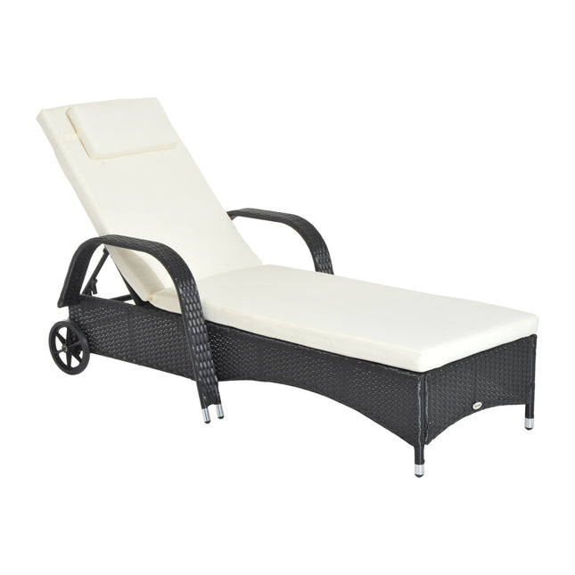 Garden Rattan Single Sun Lounger Reclining Patio Chair with Adjustable Headrest - Black