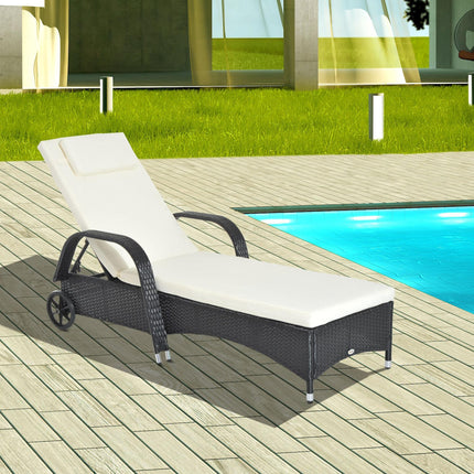 Garden Rattan Single Sun Lounger Reclining Patio Chair with Adjustable Headrest - Black