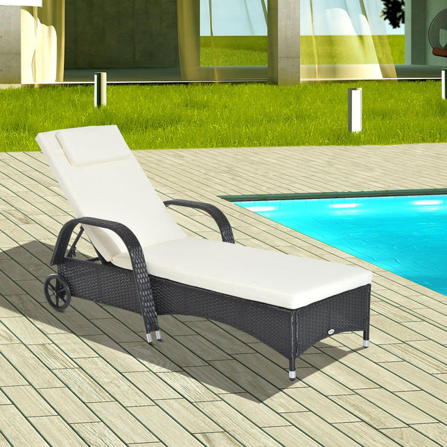 Garden Rattan Single Sun Lounger Reclining Patio Chair with Adjustable Headrest - Black
