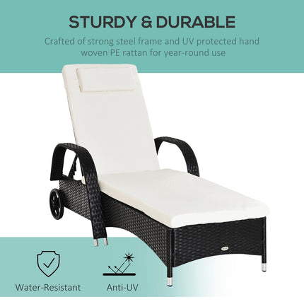 Garden Rattan Single Sun Lounger Reclining Patio Chair with Adjustable Headrest - Black