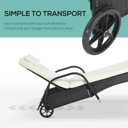 Garden Rattan Single Sun Lounger Reclining Patio Chair with Adjustable Headrest - Black