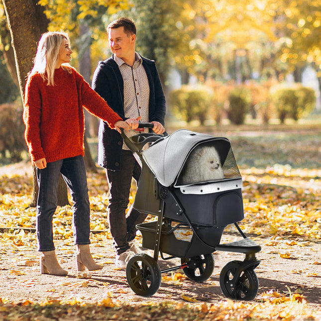 Dog Stroller Pram, 3-Wheel Foldable Pet Stroller with Invisible Sky Roof, for Sm
