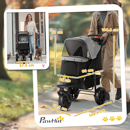 Dog Stroller Pram, 3-Wheel Foldable Pet Stroller with Invisible Sky Roof, for Sm