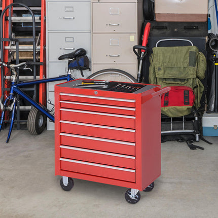 Roller Tool Cabinet with 7 Drawers and Wheels for Garage Workshop - Red