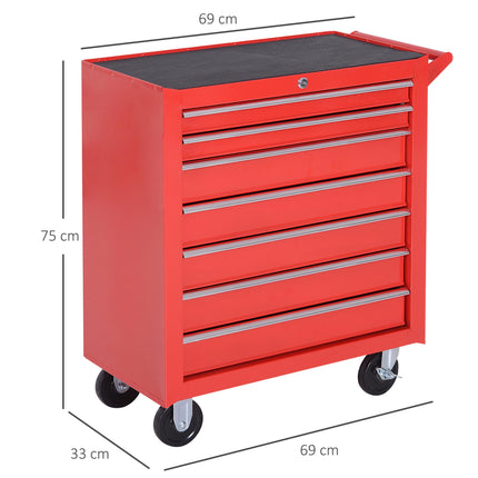 Roller Tool Cabinet with 7 Drawers and Wheels for Garage Workshop - Red