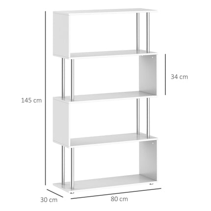 S Shape Wooden Bookcase Storage Display Unit 5 Shelves - White