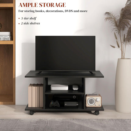 TV Stand with Shelves for TVs up to 42 Inch with Castor Wheels - Black