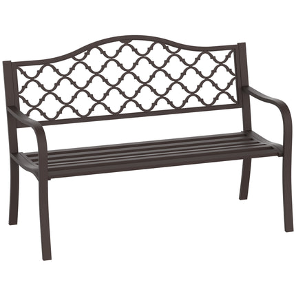 2 Seater Cast Iron Garden Bench with Slatted Seat and Retro Back Pattern - Brown