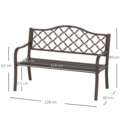 2 Seater Cast Iron Garden Bench with Slatted Seat and Retro Back Pattern - Brown