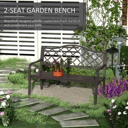 2 Seater Cast Iron Garden Bench with Slatted Seat and Retro Back Pattern - Brown