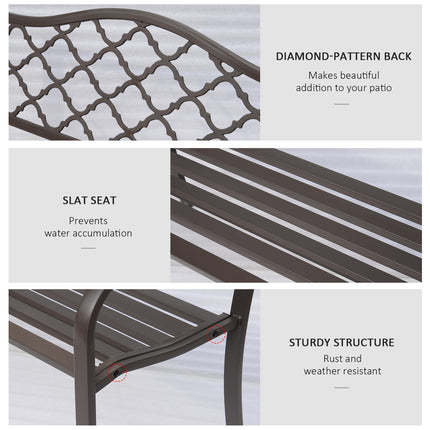 2 Seater Cast Iron Garden Bench with Slatted Seat and Retro Back Pattern - Brown