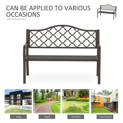 2 Seater Cast Iron Garden Bench with Slatted Seat and Retro Back Pattern - Brown