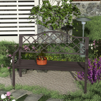 2 Seater Cast Iron Garden Bench with Slatted Seat and Retro Back Pattern - Brown