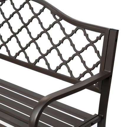 2 Seater Cast Iron Garden Bench with Slatted Seat and Retro Back Pattern - Brown