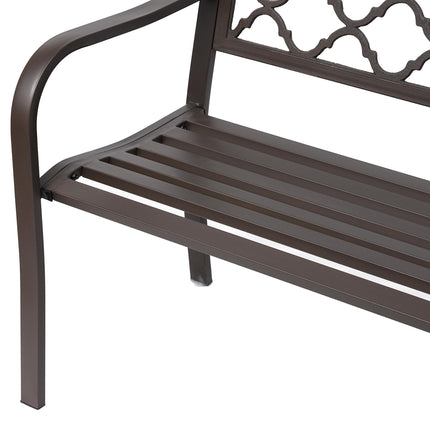 2 Seater Cast Iron Garden Bench with Slatted Seat and Retro Back Pattern - Brown