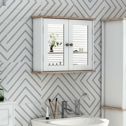 Wall Mounted Bathroom Mirror Cabinet with Double Doors and Adjustable Shelves - White