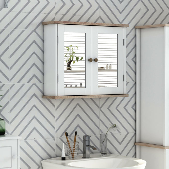 Wall Mounted Bathroom Mirror Cabinet with Double Doors and Adjustable Shelves - White