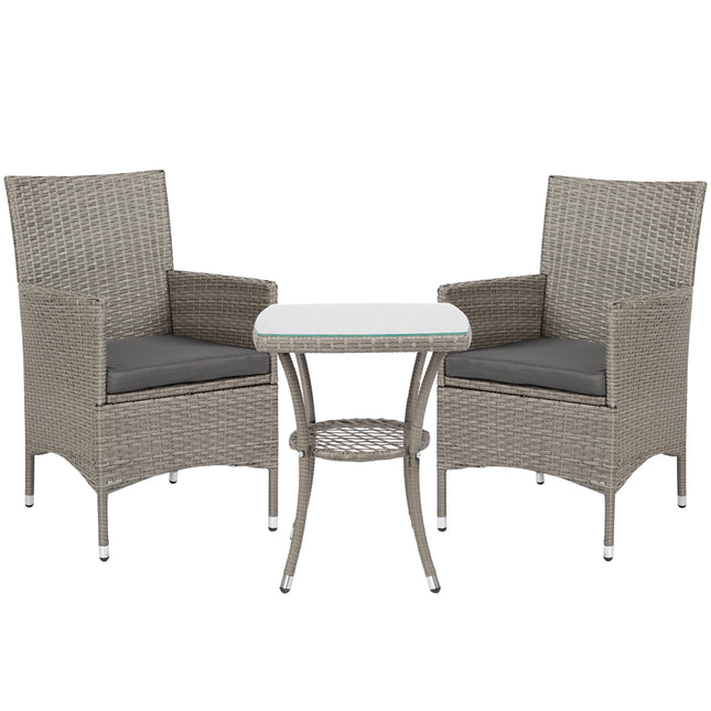 3 Piece Rattan Bistro Set with Cushions and Coffee Table - Light Grey