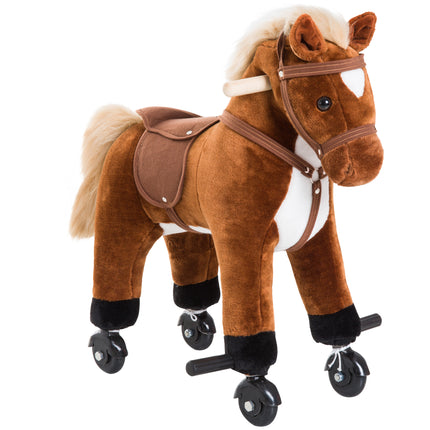 Rocking Horse Plush Kids Ride-On Wooden Pony Toy with Sound and Wheels - Brown
