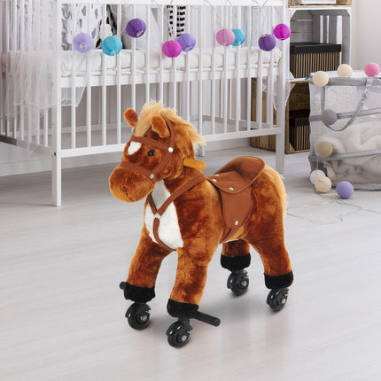 Rocking Horse Plush Kids Ride-On Wooden Pony Toy with Sound and Wheels - Brown