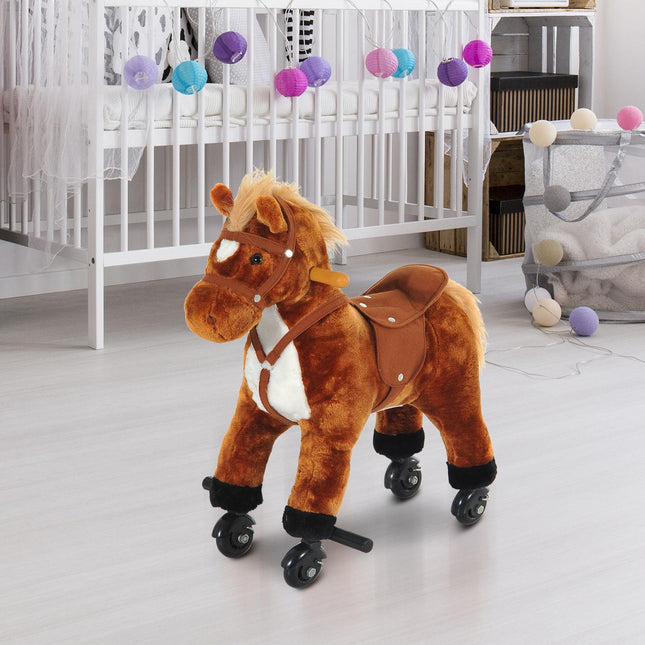 Rocking Horse Plush Kids Ride-On Wooden Pony Toy with Sound and Wheels - Brown