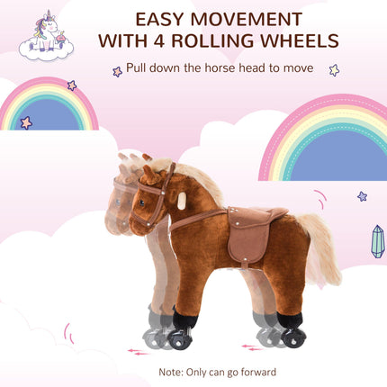 Rocking Horse Plush Kids Ride-On Wooden Pony Toy with Sound and Wheels - Brown