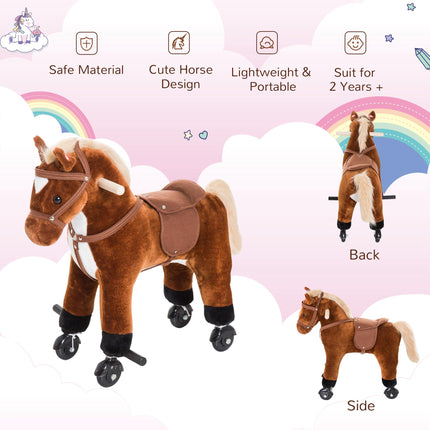 Rocking Horse Plush Kids Ride-On Wooden Pony Toy with Sound and Wheels - Brown