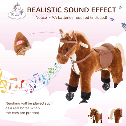 Rocking Horse Plush Kids Ride-On Wooden Pony Toy with Sound and Wheels - Brown