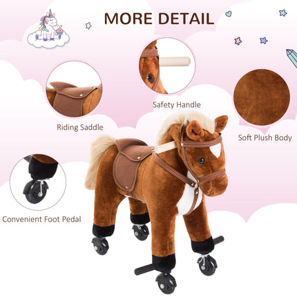 Rocking Horse Plush Kids Ride-On Wooden Pony Toy with Sound and Wheels - Brown